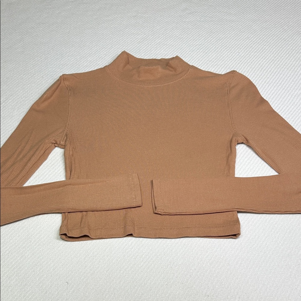Aeropostale Ribbed Mock Neck Crop Top - Camel